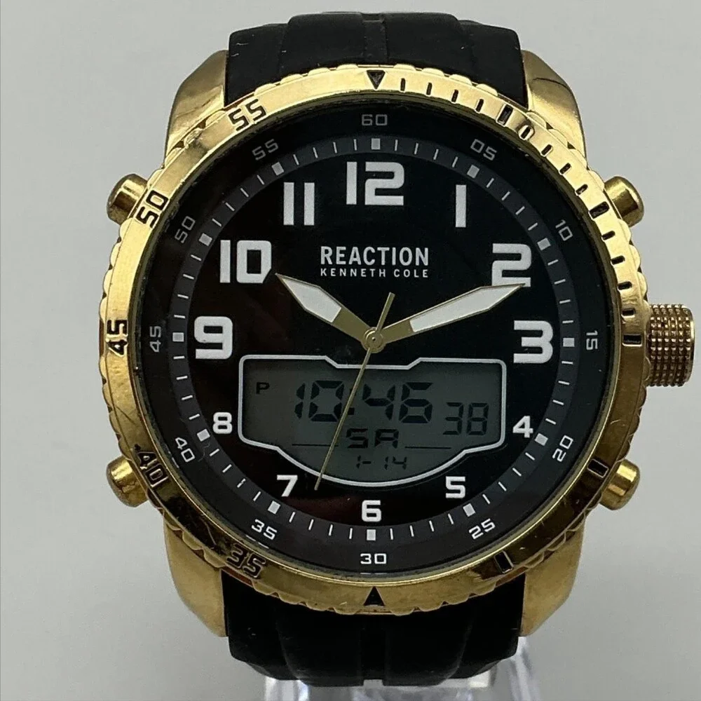 Reaction Kenneth Cole RK50077004 Mens Watch 52mm Black Dial Gold Tone Rubber